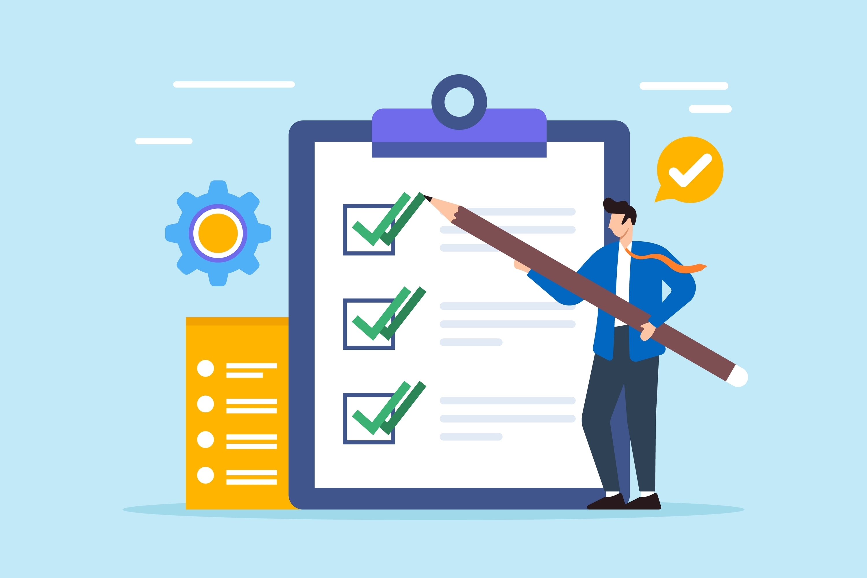 チェックリストに書き込む男性のイラスト