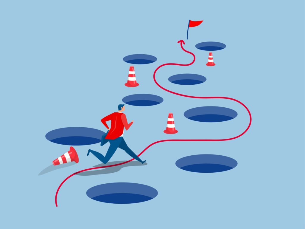 人材流出に陥らないよう落とし穴を避けて通る人事担当者のイラスト