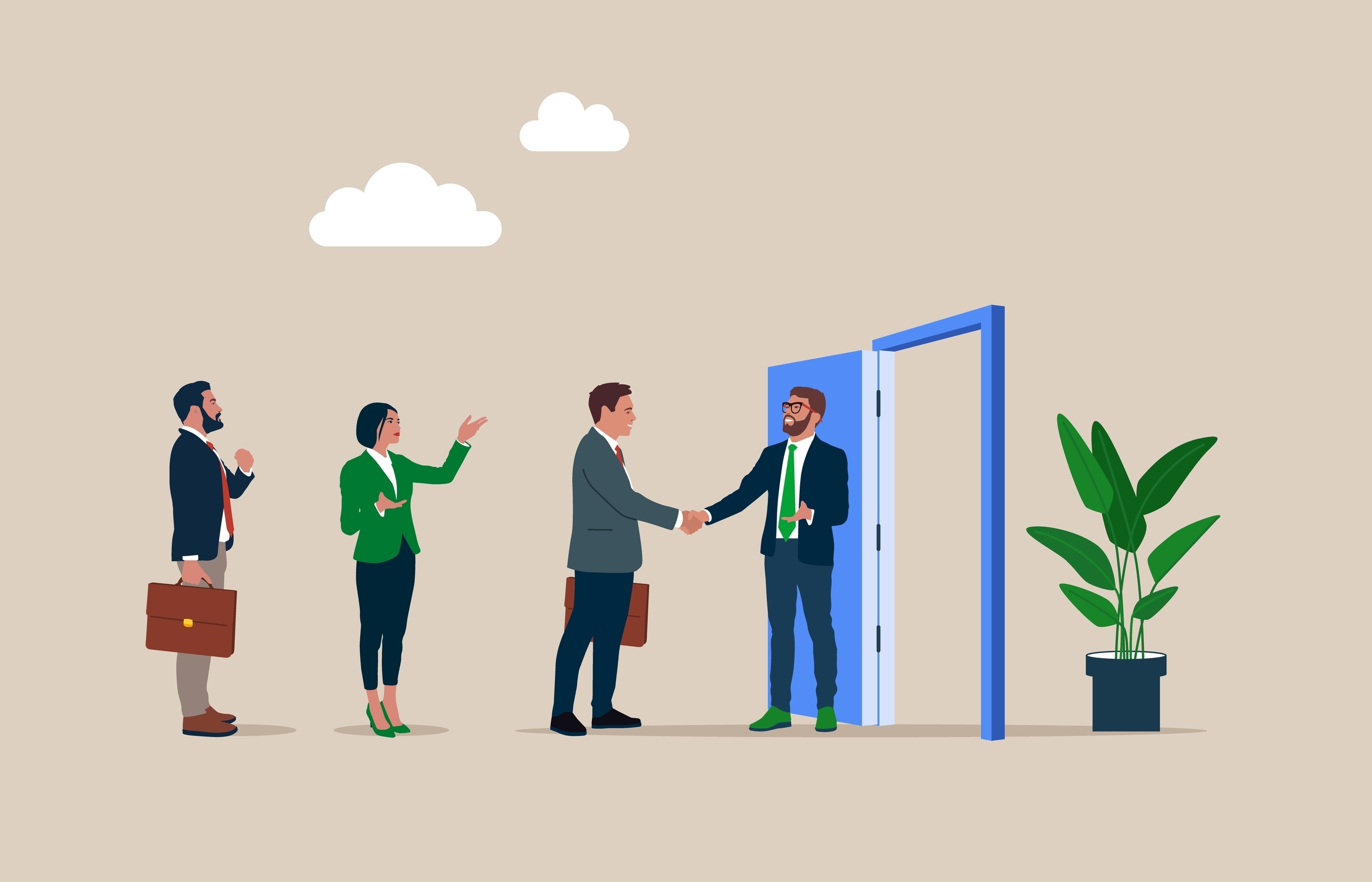 入社待ちの列に並ぶ外国人のイラスト