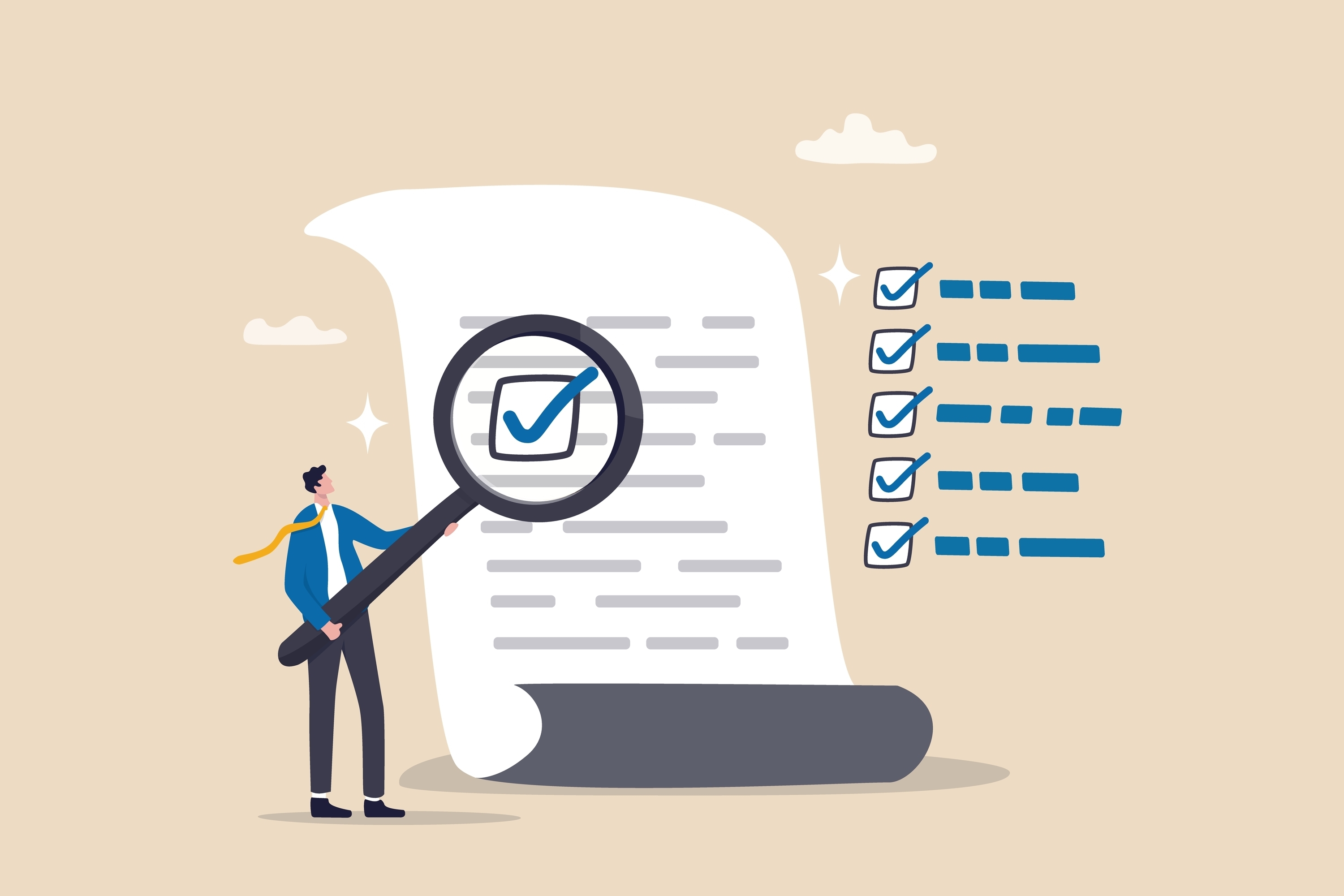 日本の就労制度を詳しく確認する男性のイラスト