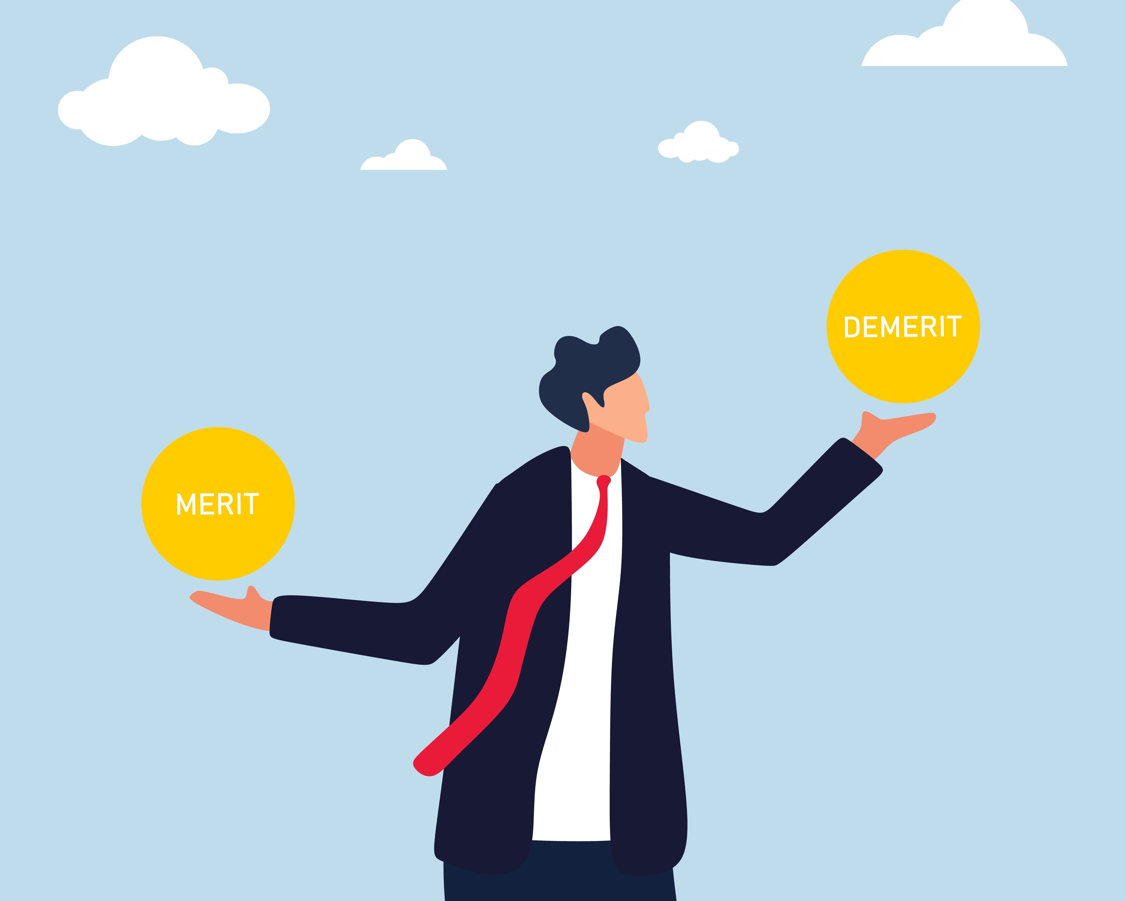 メリットとデメリット、どちらが大きいか比較する男性のイラスト